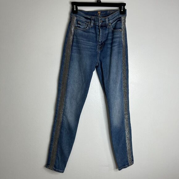 7 For All Mankind Women The High Waist Ankle Skinny Jeans 26 Blue Stretch Silver - Picture 1 of 11